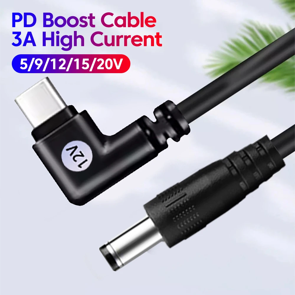 90 °   엘보 타입 C 부스트 케이블 5V/9V/12V/15V/20V USB C-DC 전원 케이블 3A PD 부스트 컨버터 (와이파이 공유기, 미니 선풍기, 스피커용)