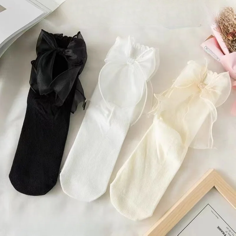 

Lolita Bow Socks Girls Soft White Lace Short Socks Women's Mid-Calf Cute Ruffle Frilly Ankle Socks Dress Calcetin Medias Hosiery
