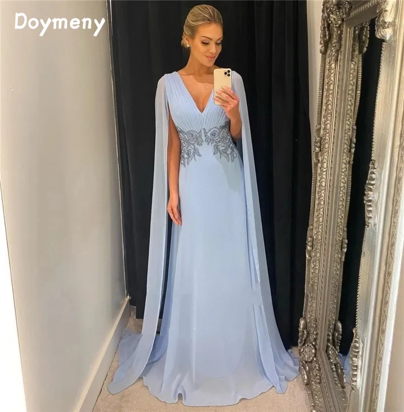 

Doymeny Cape Sleeves Chiffon A-line Evening Dresses V neck Beaded Lace Floor Length Prom Dresses Long Formal Party Dress