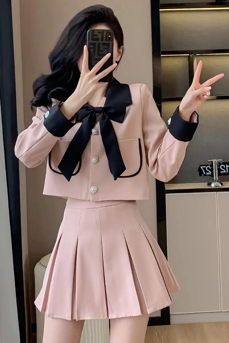 활 칼라 우아한 여성 세트 재킷 스커트 투피스 세트, 프렌치 스타일 용수철, 배색, 사교계 코트, 상의 스커트, 2024 신상