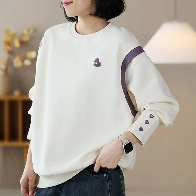New Autumn Fashion Korean Edition Round Neck Print Fake Two Pieces Loose Versatile Slim Style Long Sleeve Casual Women's Sweater