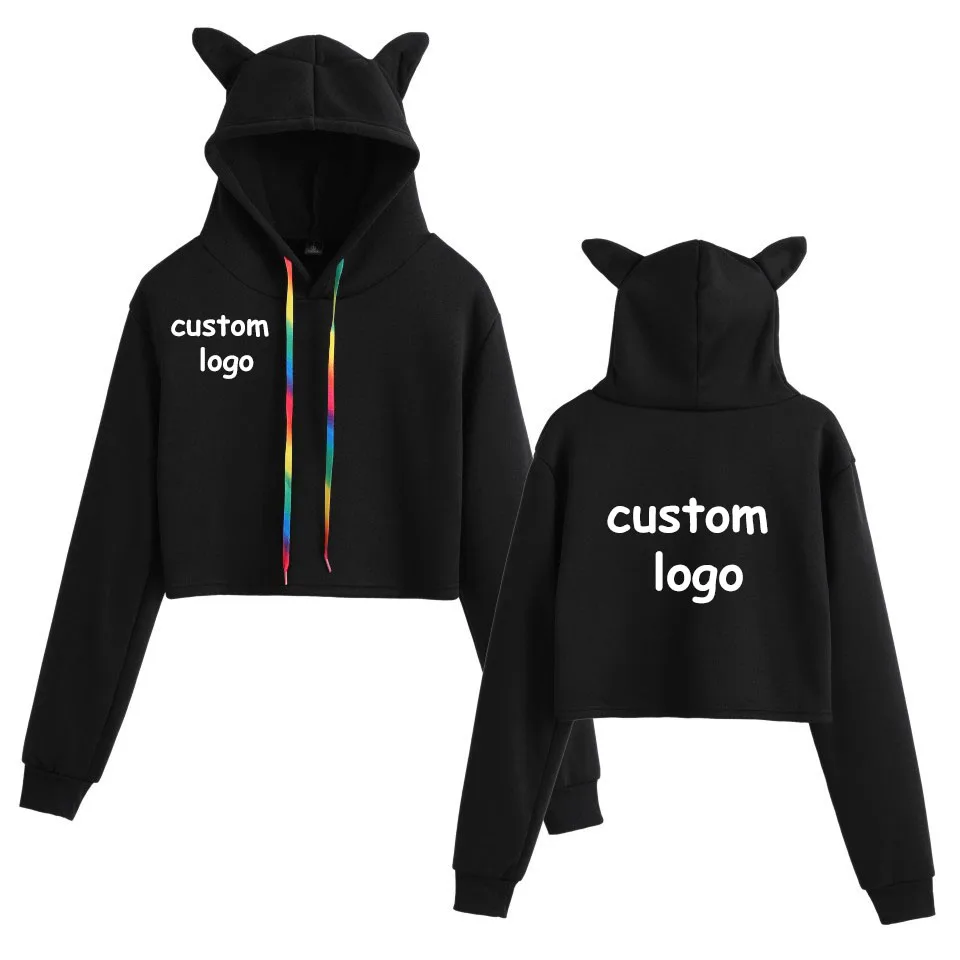 Custom Hoodie with Your Logo Cat Ear Short Hooded Long Sleeved Hoodie Pullover Solid Color Sweater Women Top Short Hoodie