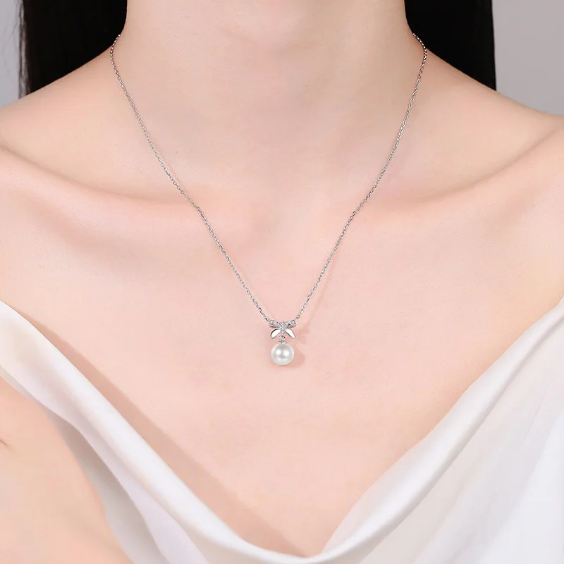 S925 Sterling Silver Women Moissanite Pearl Necklace Bow Sweet Pendant Cute Girl Style Collar Chain