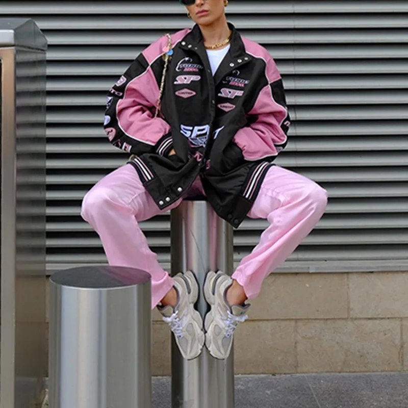 ブランド品専門の Trench Baseball Winter Streetwear Y2K Varsity Jacket Pink ジャケット・アウター