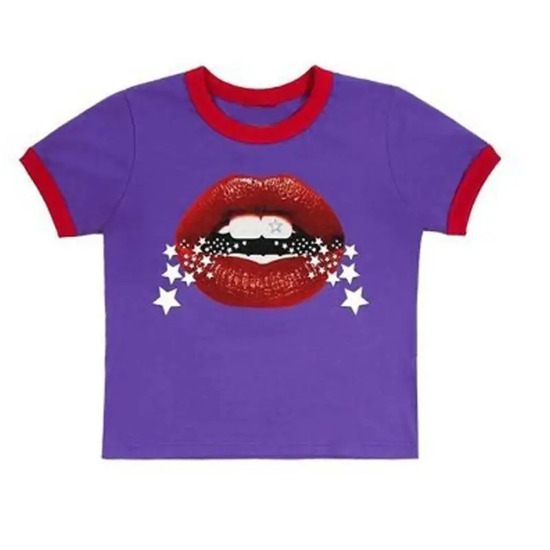 

Новинка лета 2024, дизайнерские футболки Y2K с принтом губ для девушек с короткими рукавами, женские топы с открытым пупком