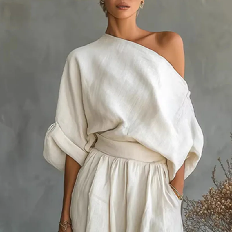 Elegant Skew Collar Long Sleeve Set 2