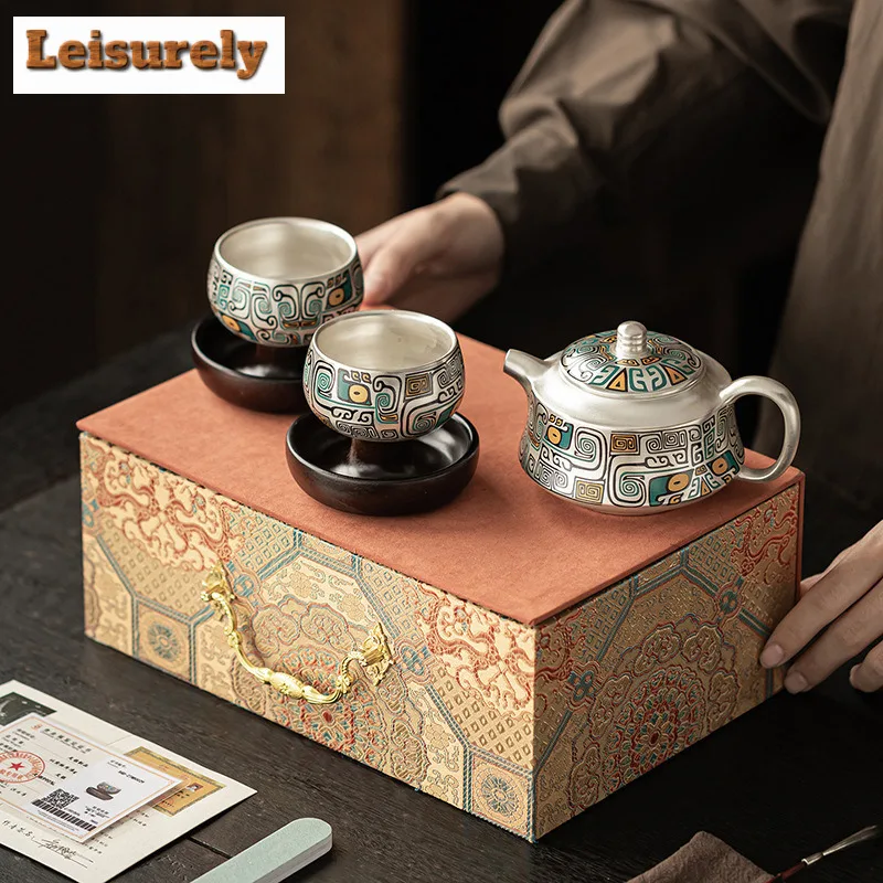 Gilt Silver Taotie Pattern Rotatable Tea Set Complete Set Luxury Tea Ceremony Set Teapot and Tea Cup Set Chinese Tea Set Craft