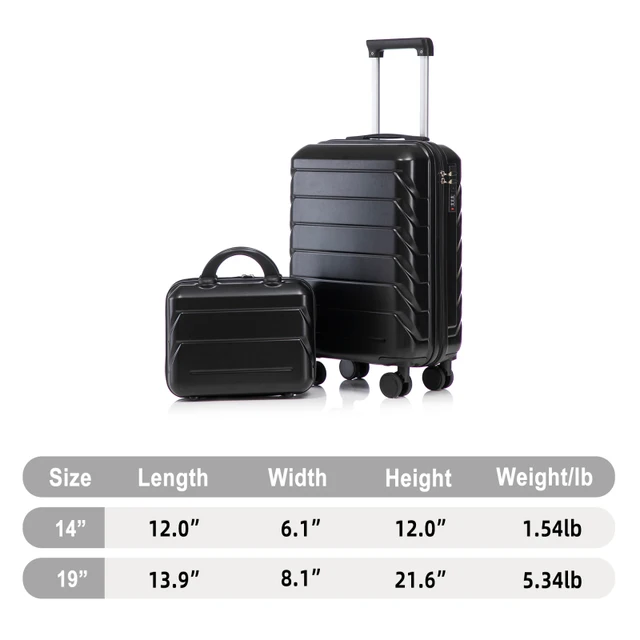 Ensemble de 2 valises ABS à roulettes de 14''/19'' avec cadenas à combinaison et trousse de toilette de 14'' (Noir) 1