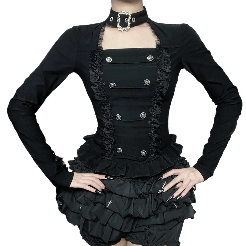 Subculture Lolita Mesh Trim Buckle Tops Mall Goth Punk Slim Long Sleeve Top Y2K 90s Pullover Alt T-shirts Halloween 5