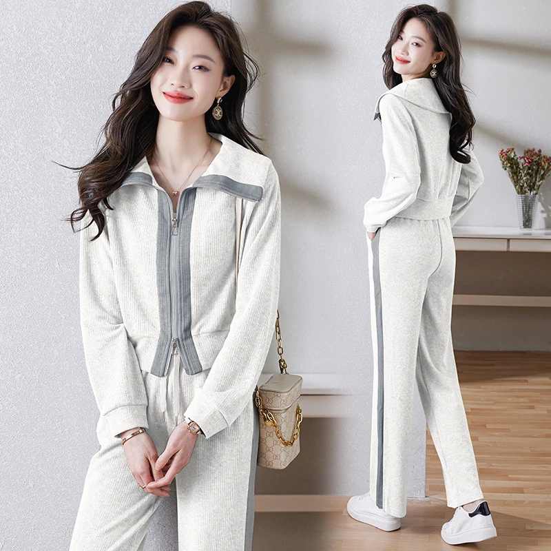 Autumn Women Sportswear Tracksuit Korean Loose Wide Leg Pants Zip Up Jacket Running Jogger Fitness Workout Casual Set Sport Suit