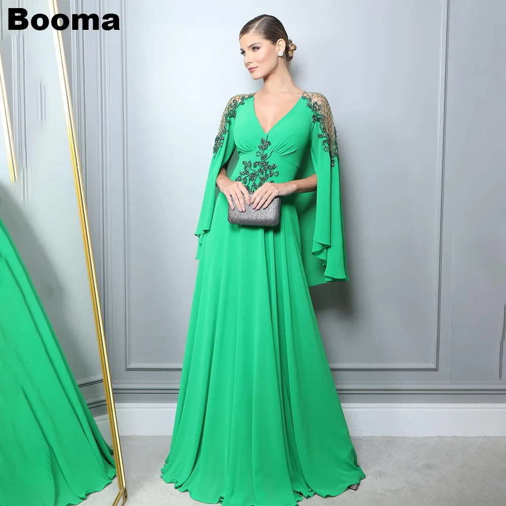 

Booma Green Chiffon Evening Dresses Appliques V Neck Sleeves Prom Gowns Floor Length A Line Women's Formal Occasion Dresses 2023