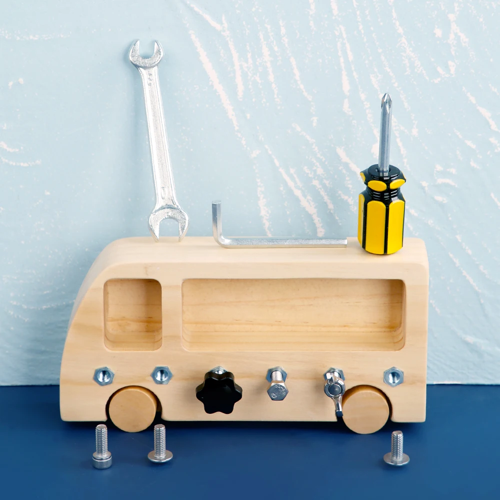 Montessori Wooden Toy Busy Bus Wood Screw Driver Board Nuts Screw Bolts Kids Educational Toy