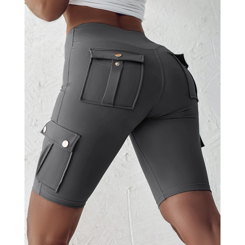 Summer Women Ruched Quick Dry Pocket Design Yoga Shorts Female Casual Pocket Design Active Skinny Sports Shorts Streetwear