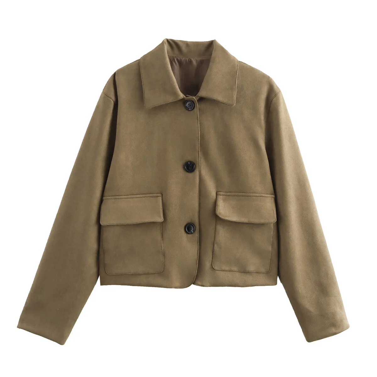 thumbnail image 1 of HH TRAF Chaquetas informales de otoño para mujer, de un solo pecho, de color liso, holgadas, con cuello vuelto, de manga larga, abrigo corto para mujer, 1 of 5