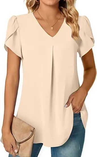 Elegantes Damen Top Bluse Blume 2024 Sommermode Einfachheit Kurzarm Solide V-Ausschnitt Pendler Büro Weibliches Hemd S-XXL