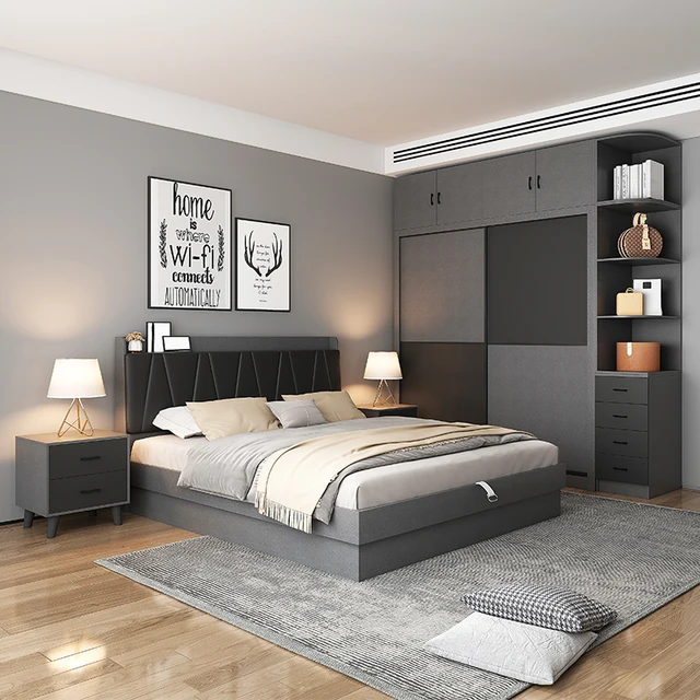 Ensemble de chambre à coucher de luxe pour adultes, avec commode et lit queen size, idéal pour hôtel, confortable, mobilier de maison 1