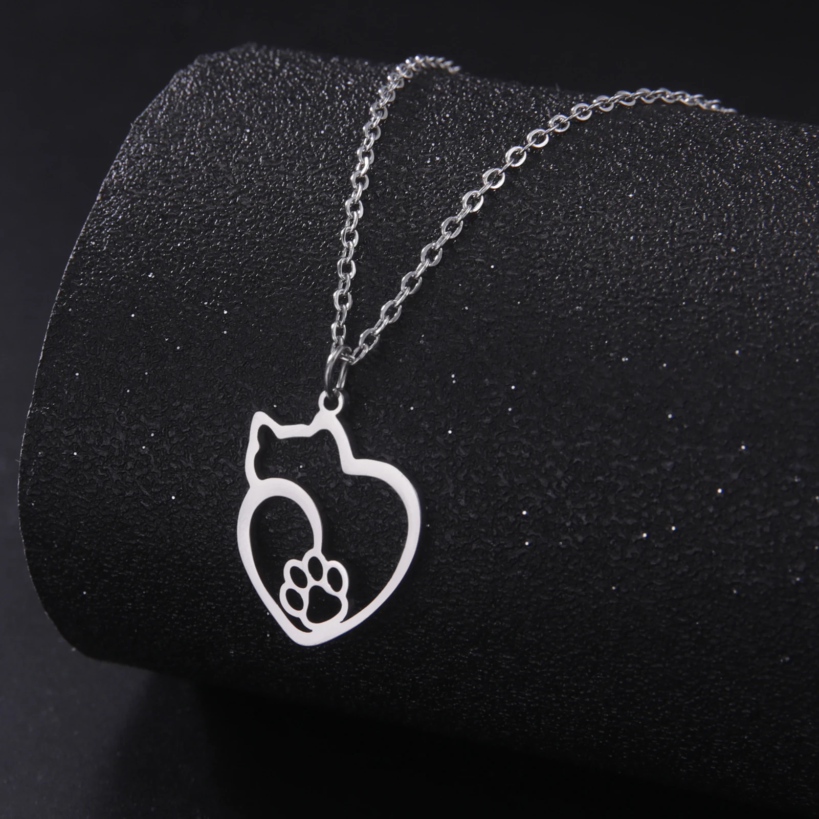 Cat Kitten Heart Paw Pendant Necklaces for Women Animal Jewelry Stainless Steel Neck Chain Necklace - PeticaDeals