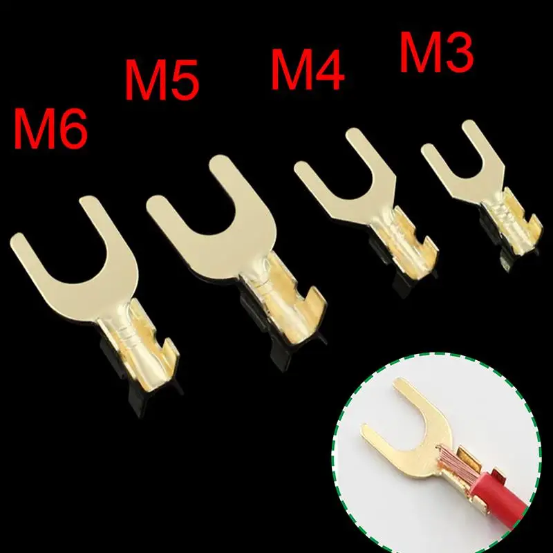 Wire connectors 100Pcs M3 M4 M5 M6 Brass Fork Spade U-Type Non-Insulated Wire Connector Electrical Crimp Ground Terminal 0.5-2.5mm 3.2-6.2mm