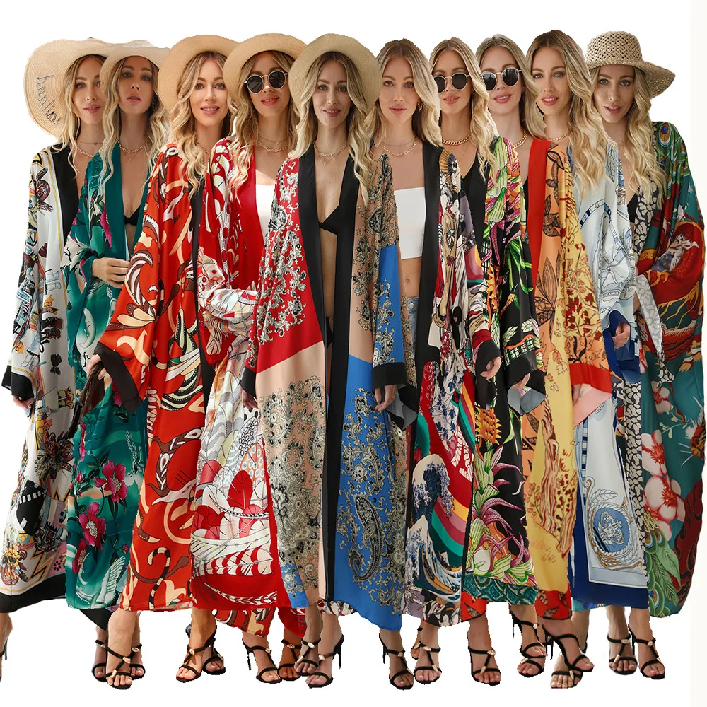 Women Kimono Fashion Style Summer Long Sleeve Polyester Printing Long Robes Japanese Fashion Kimono japanese kimono