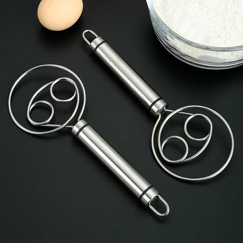 Danish Dough Whisk Dutch Style Stainless Steel Bread Dough Hand Mixer Binocular Coil Head Comfort Handle For Biscuits Bread Cake
