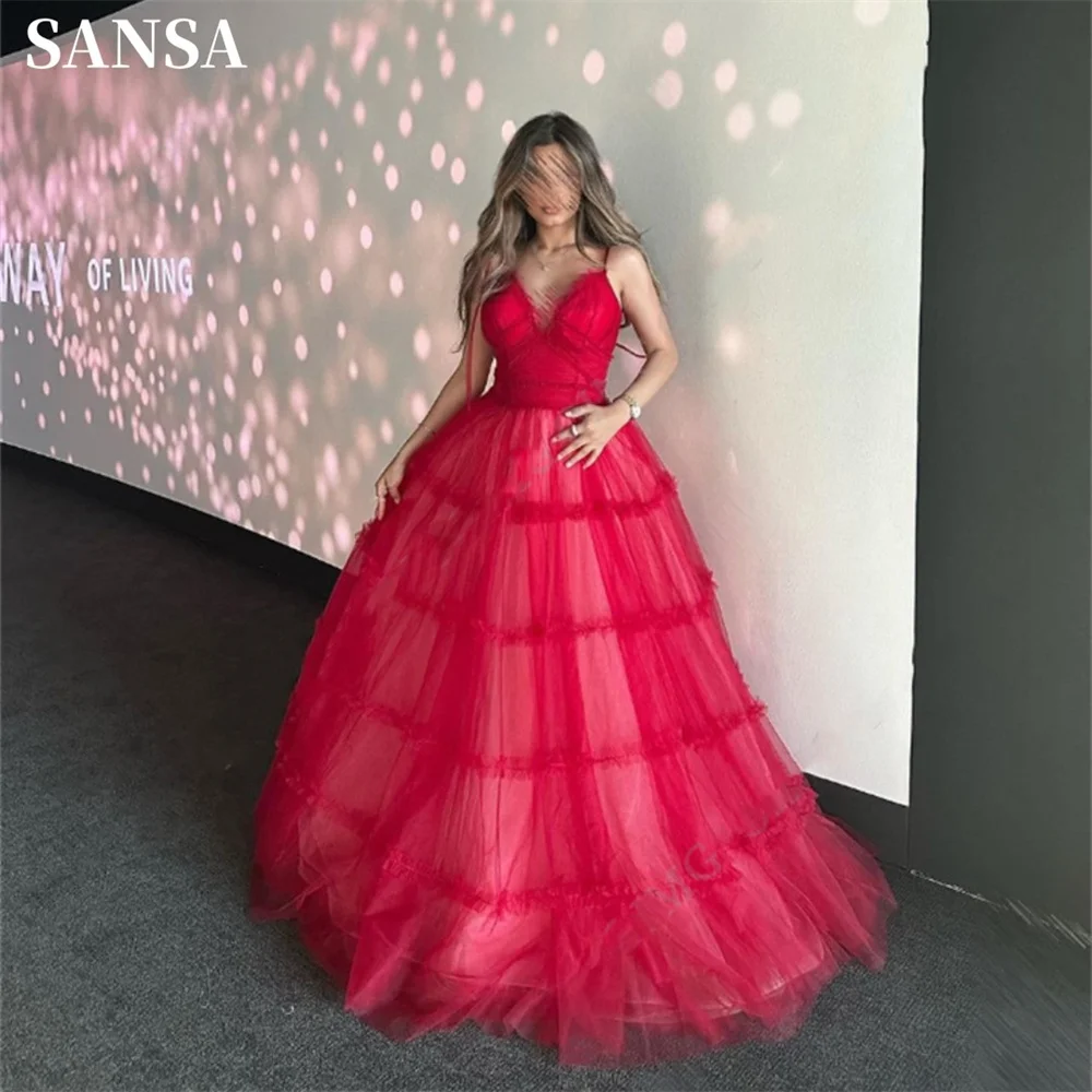 

Sansa Spaghetti Strap Ball Gown Prom Dress Sweet Puffy Multilayer Vestidos De Noche Pink White Sleeve فساتين سهره فاخره