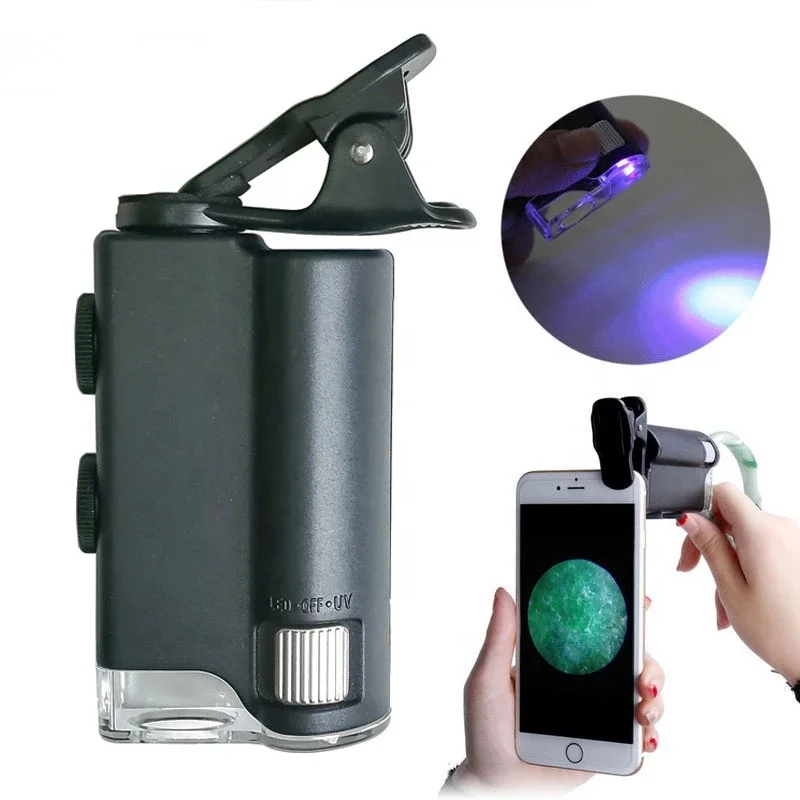 

Mobile Phone Microscope LED UV Light Jade Identification 60X 100X Magnifying Glass with Cell Phone Clip Pocket