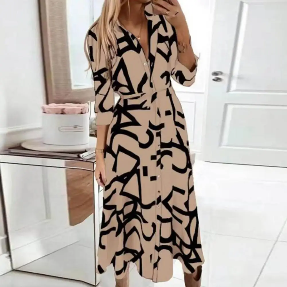 

Women Party Dress Stylish Spring-fall Women's Midi Dress Colorful Lapel Loose Hem Tight Waist with Lace-up Detailing V-neck Long
