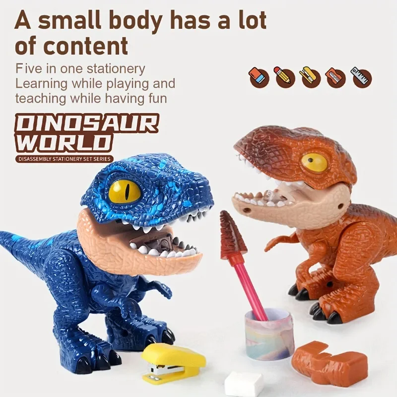 Set di cancelleria 5 in 1 con dinosauri, che include righello, temperamatite, cucitrice e gomma. Materiale didattico divertente, regalo perfetto per bambini._voghion.com
