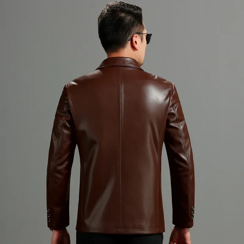 Men's New Genuine Leather Jacket with a Lapel and Short Leather Jacket Plush and Thick Coat for Middle-aged and Elderly People - Image 6