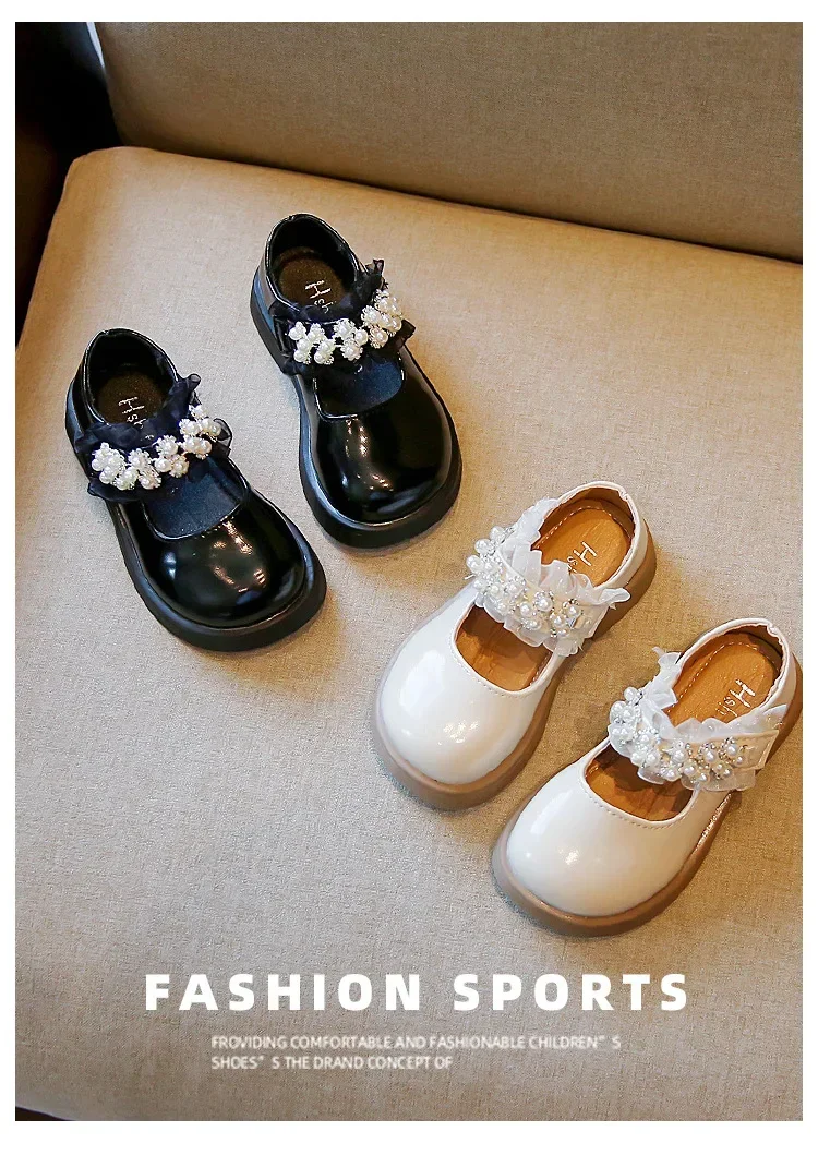 Description Picture 3 of itemChildren's PU Shoes New Pearl Lace Princess Soft-soled Footwear Kids Flat Rubber Loafers Girls School Student Daily 23-35