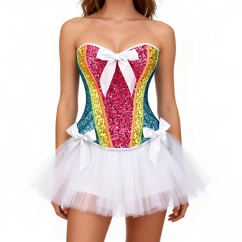 White Bows & Rainbow Sequined Sexy Hook And Eye Corset Victorian Overbust Luxury Corset Tops Woman Gothic Clothes Party Bustier