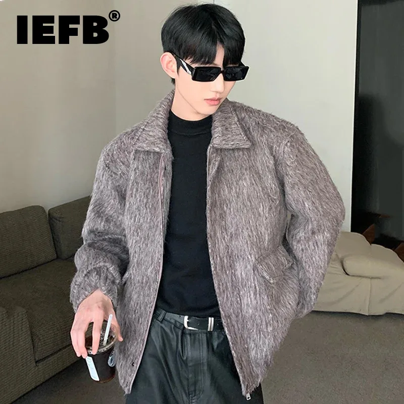 

IEFB Solid Color Men Woolen Jacket Fashion Turn-down Collar Loose Thickened Warm Pockets Zipper Male Coat 2023 Winter 9C3732