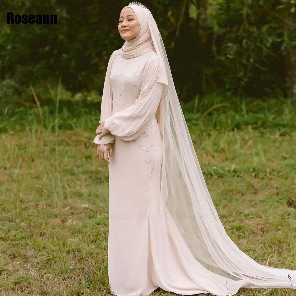 Muslim High Quality Ivory Mermaid Wedding Dresses Ruffle Applique Flowers Full Satin Bride Gown Floor Length robe de mariée