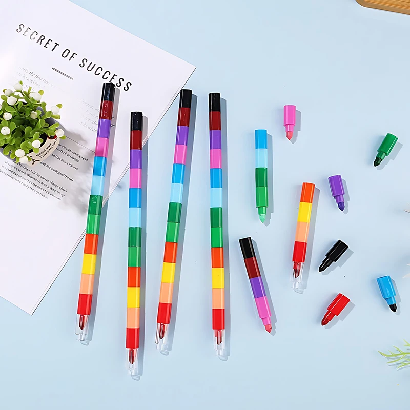 Vibrant 12-Color Stackable Rainbow Crayon Set - Creative Stationery and Fun Building Blocks Gift
