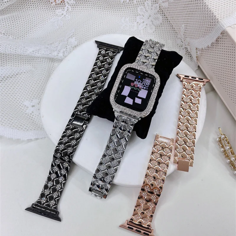

Luxury Women Diamond Strap For Apple Watch Band 44mm 40mm 38mm 42mm 41mm 45mm Stainless Steel Metal iWatch SE 7 6 5 4 Bracelet