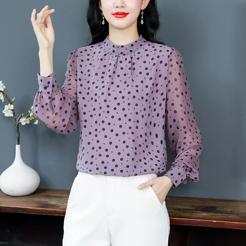 المرأة الكورية نمط عارضة البولكا نقطة الشيفون بلوز...