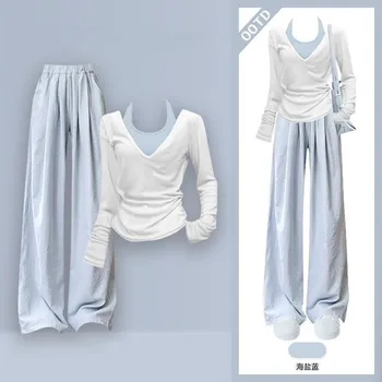 2025 Summer New Korean Elegant Tracksuit Matching Set Women's Fashion Thin Sunscreen Hoodie+Strap+Casual Pants 3-Piece Suit 1