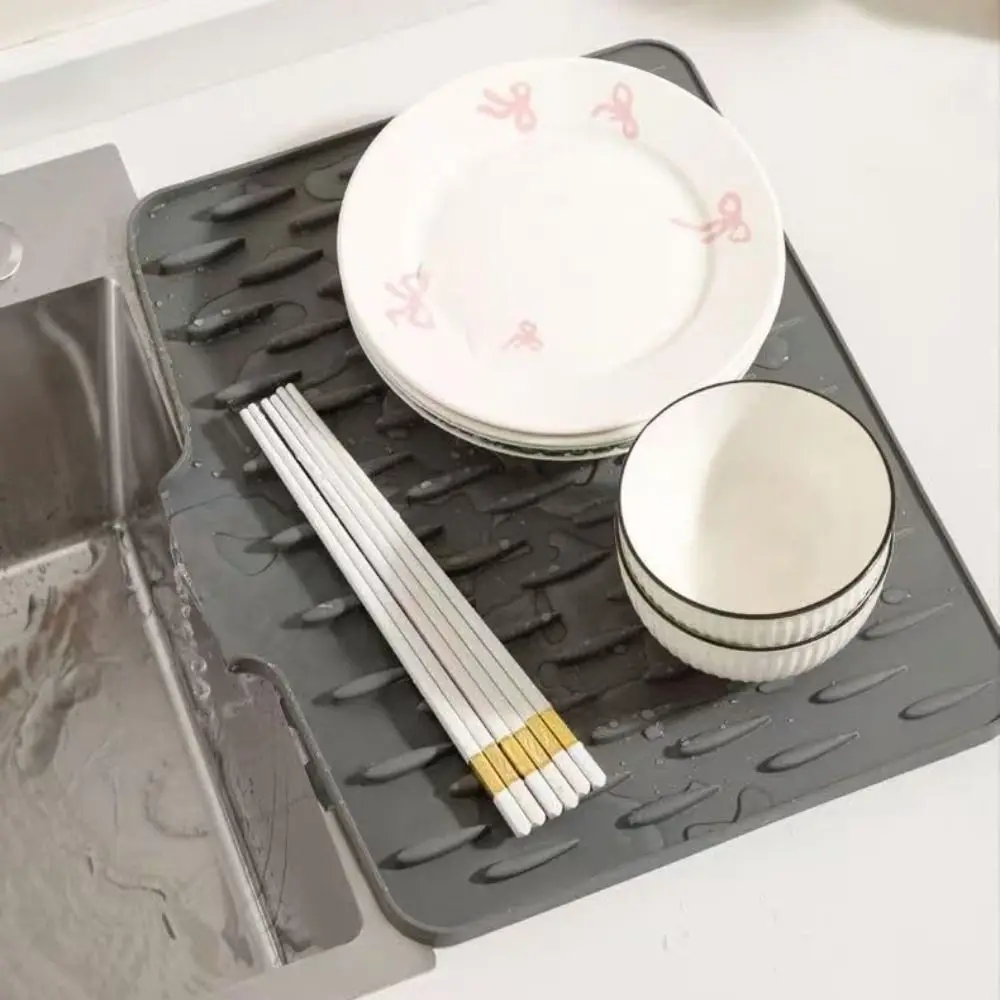 Silicone Dish Drainer Mat Gray Beige Rectangle Tableware