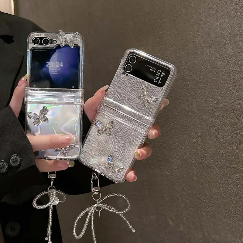 3D Shinny Butterfly Wrist Strap Phone Case for Samsung Galaxy Z Flip 6 5 4 3 Protective Cover for Z Flip6 Flip5 Flip4 Flip3 Capa_voghion.com