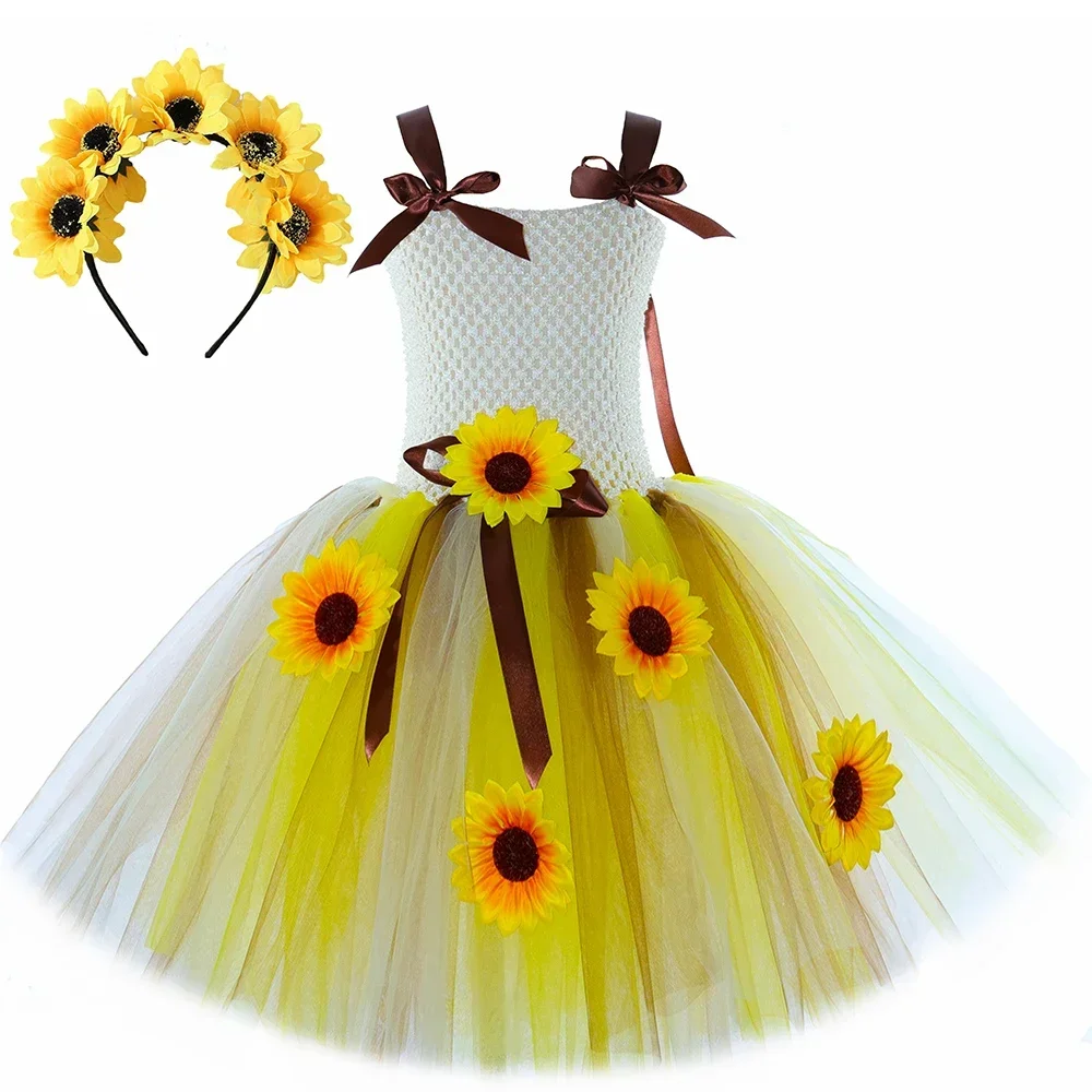Sunflowers Fairy Princess Dresses with Butterfly Wings Wand Hairbow Girls Birthday Hallloween Costumes for Kids New Years Outfit