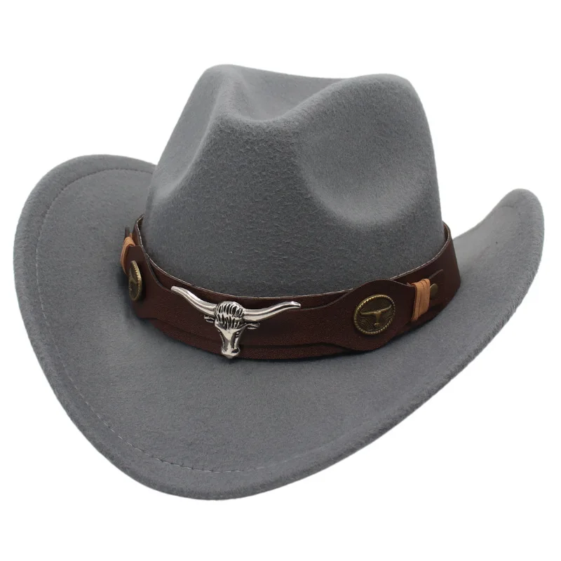 - Western Men's Cowboy Hat for Women 2022 Winter Autumn Black Wide Brim Bull Head Cowboy Man Felt Hats Jazz Cowgirl Caps MZ386