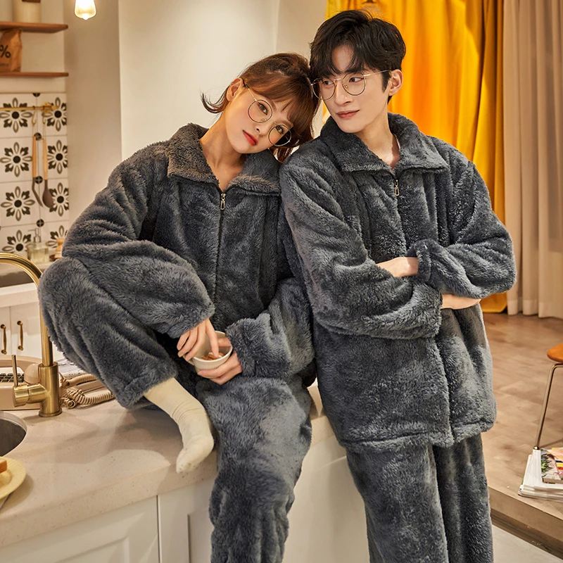 

Coral velvet couple pajamas, women's autumn and winter thickened plush set, cardigan zipper, casual men's flannel home clothing