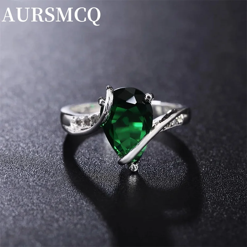 

AURSMCQ 925 Stamped Silver Ring Engagement Lovely Zircon CRYSTAL Wedding party WOMEN lady Rings color jewelry hot nice