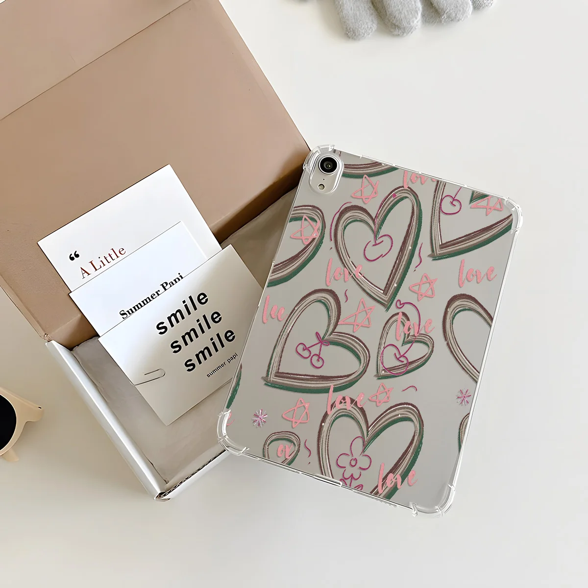 Enhanced Crystal Clear Tablet Case with Multi-Layer Color-Block Hearts Design
