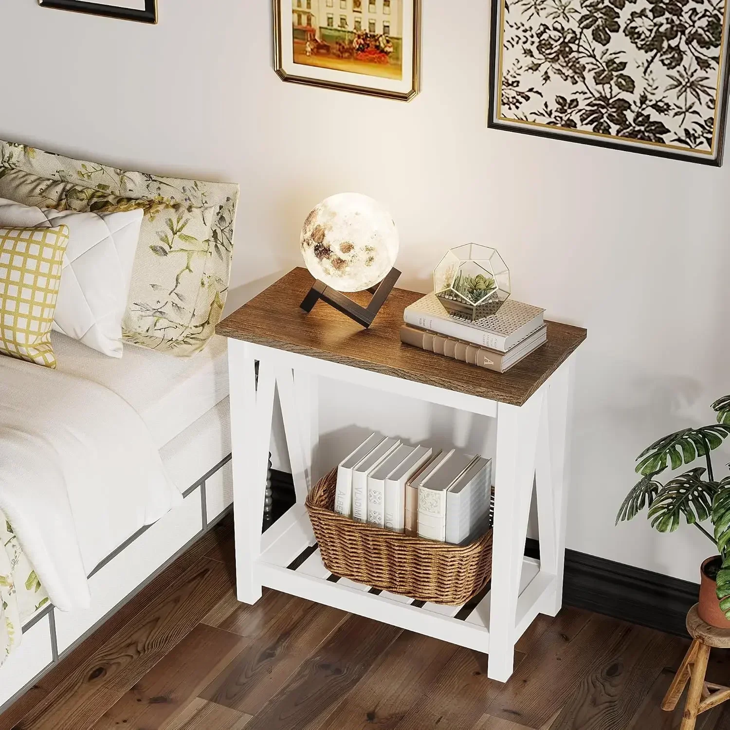 New2025-Farmhouse End Table Set of 2, Rustic Vintage Narrow End Side Table with Storage Shelf for Small Spaces, Nightstand Sofa