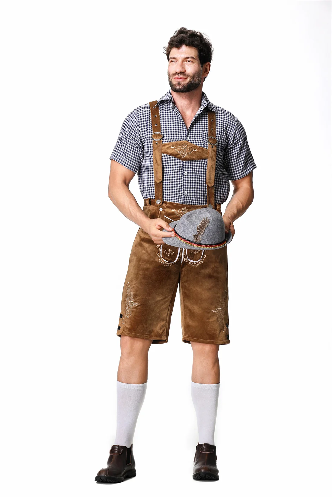 M-XXL German Oktoberfest Men Festival Costume Set Short Sleeve Plaid Shirt Suspenders Hat for Beer Festival Halloween men festival costume set