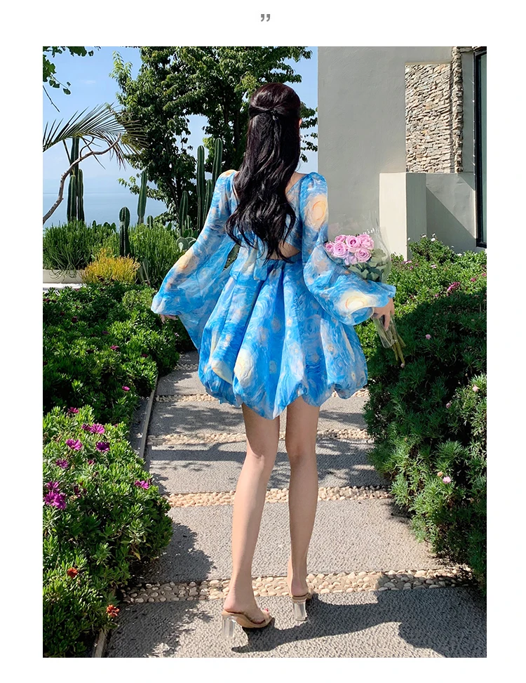 Elegant Printed Short Dresses for Women Backless Holiday Beach Style Lantern Sleeves A-line Floral Mini One Piece Vestido Mujer