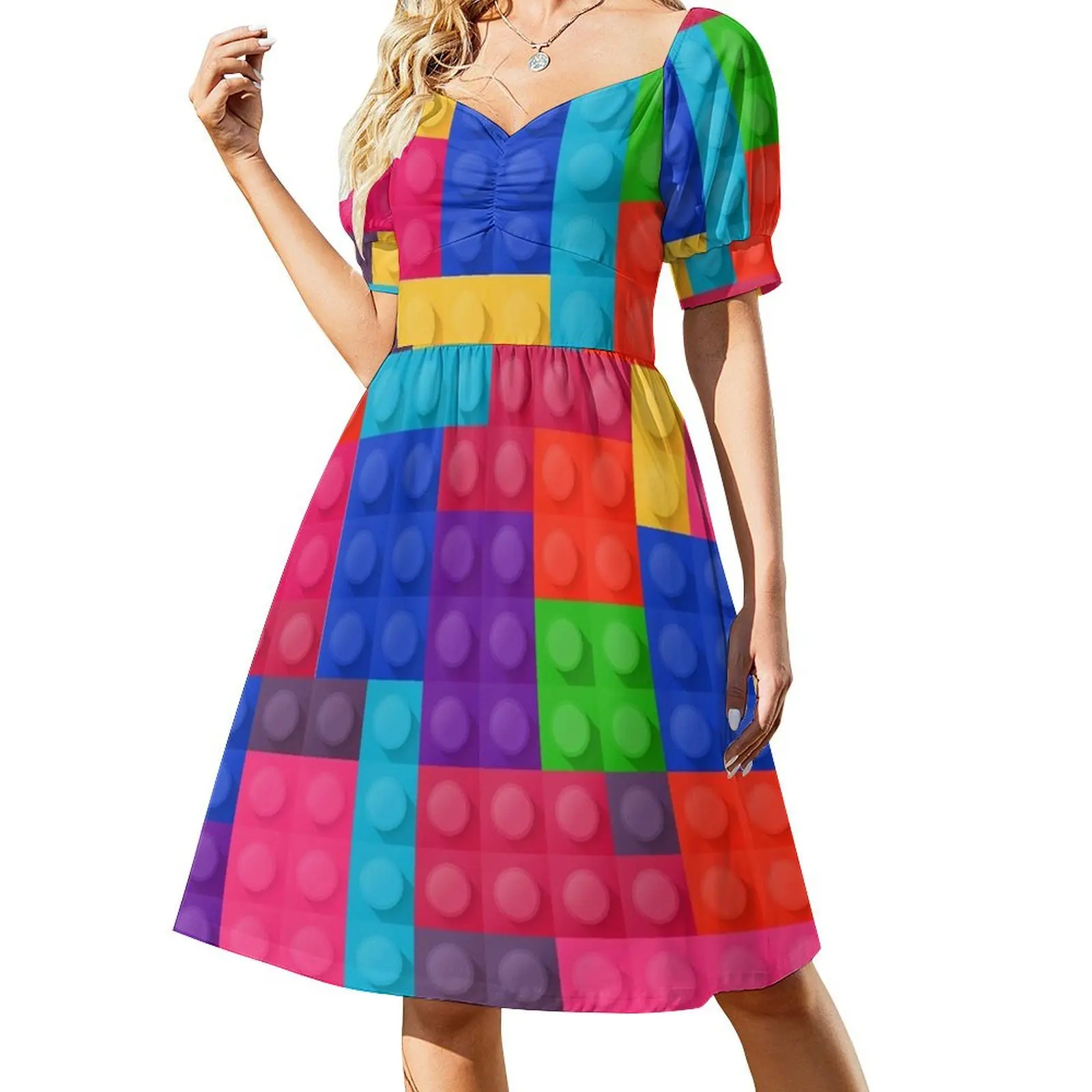 thumbnail image 1 of Vestido de manga corta con bloques de construcción, elegante vestido de fiesta para mujer, vestido de noche para mujer, 1 of 8