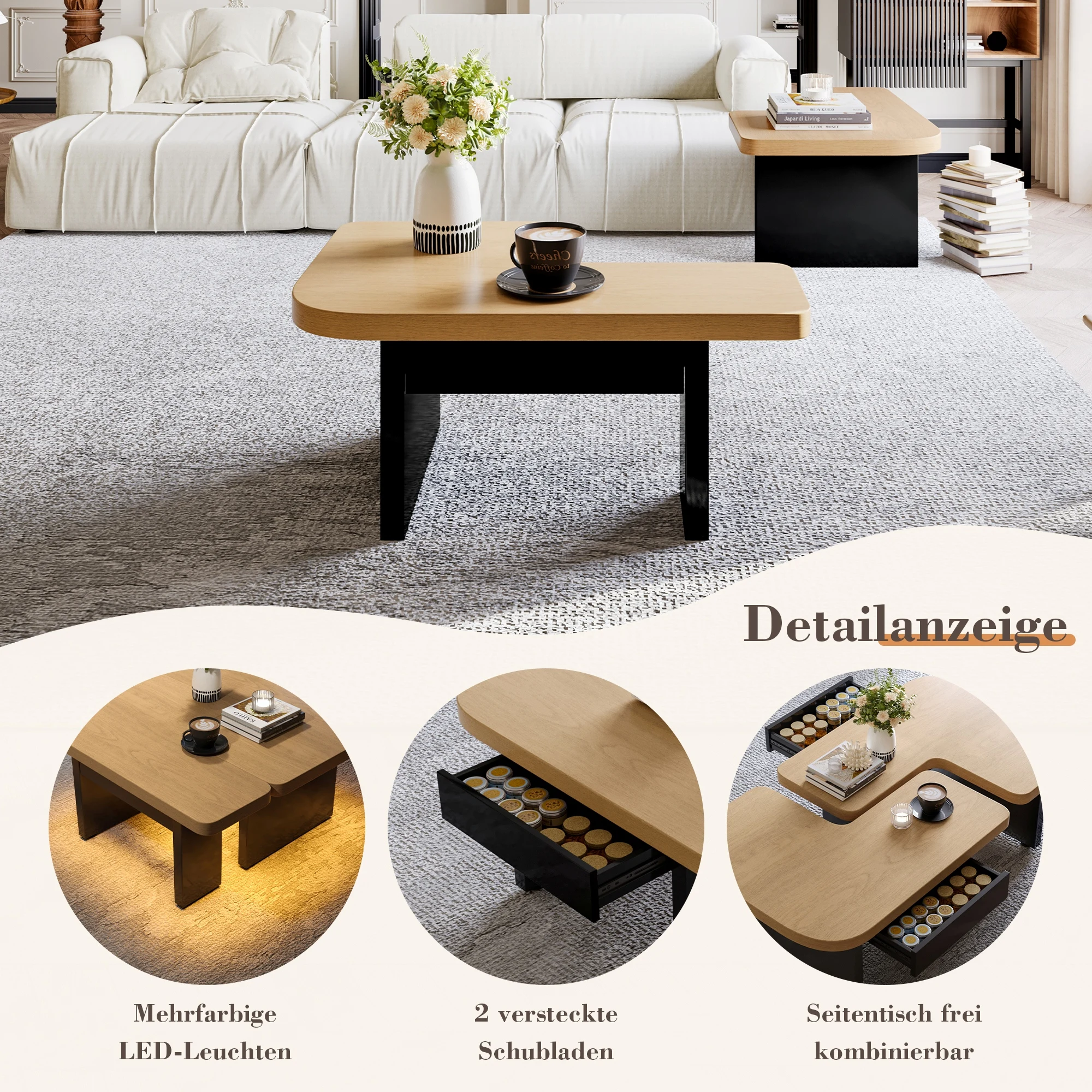 LVHOM Couchtisch im modernen Stil aus Massivholz, mit LED-Design, 2 Schubladen und höhenverstellbaren Füßen. – Detail 2