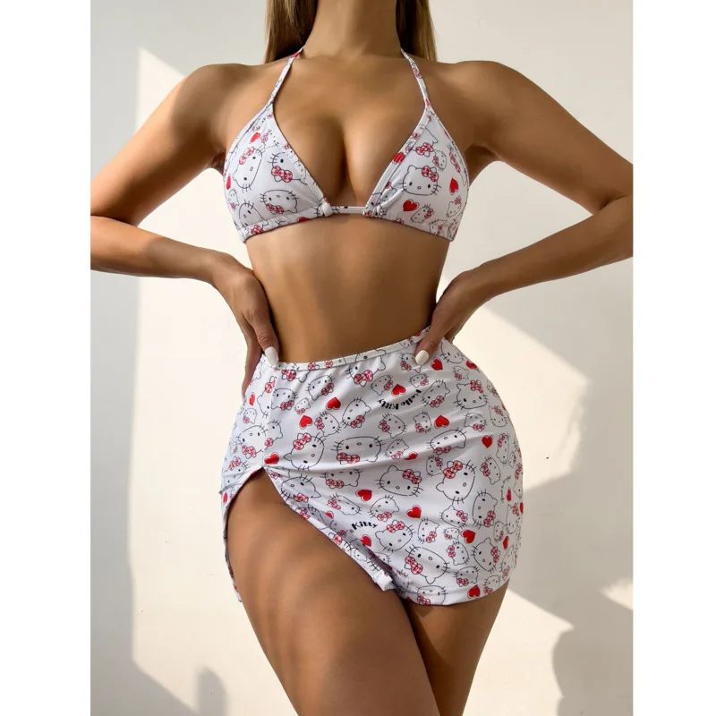 Hello Kitty Bikini Swimsuit Women's 2024 Summer Europe America Gather Sexy Hot Springs Beach Split Vacation Strap Swimsuit Sets